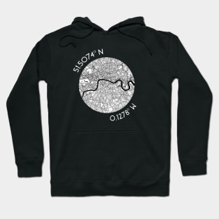 London Coordinates (latitude and longitude) in white text around map of London Hoodie